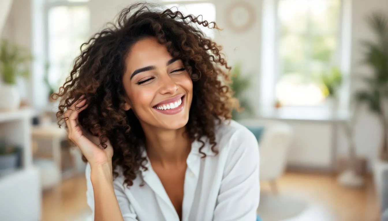 Une femme souriante touche ses cheveux bouclés avec douceur, mettant en valeur la beauté de sa chevelure. Ses boucles bien définies semblent refléter une routine capillaire bien entretenue, soulignant l'importance des soins adaptés pour sublimer vos boucles.