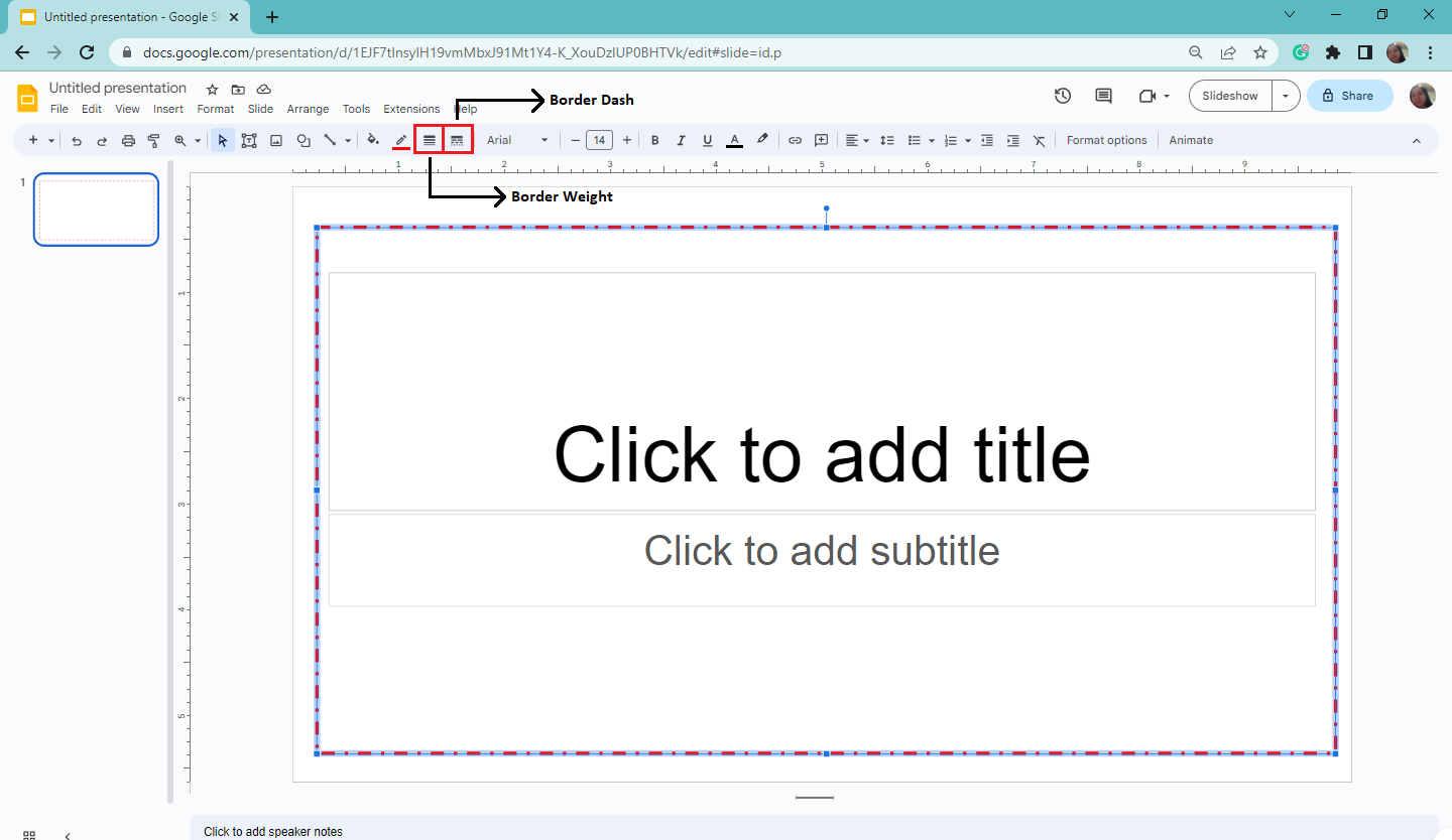 You can also select the border weight and border dash to add style to your Google Slides border.