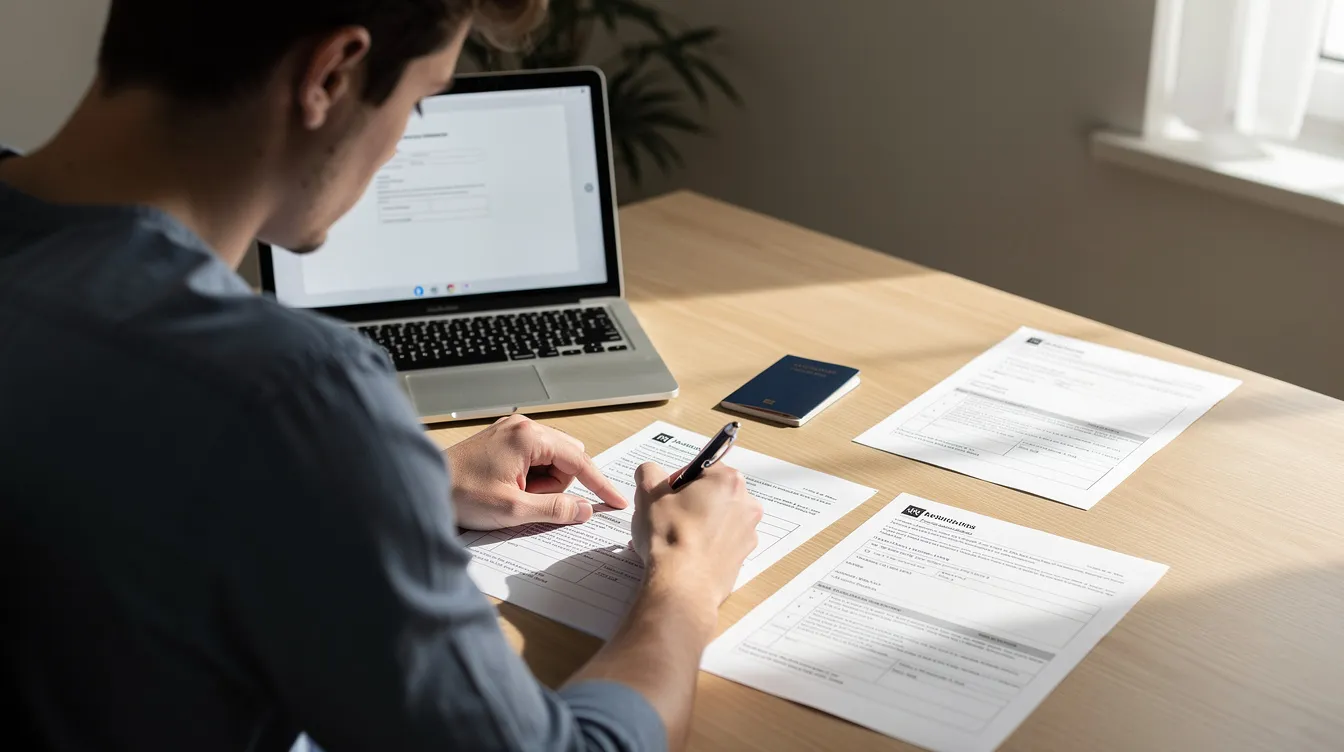 A young person is seated at a desk, diligently filling out paperwork with a laptop, passport, and various documents spread out in front of them. This scene reflects the process of applying for university scholarships, particularly for Bangladeshi students seeking opportunities in Italy's higher education system.