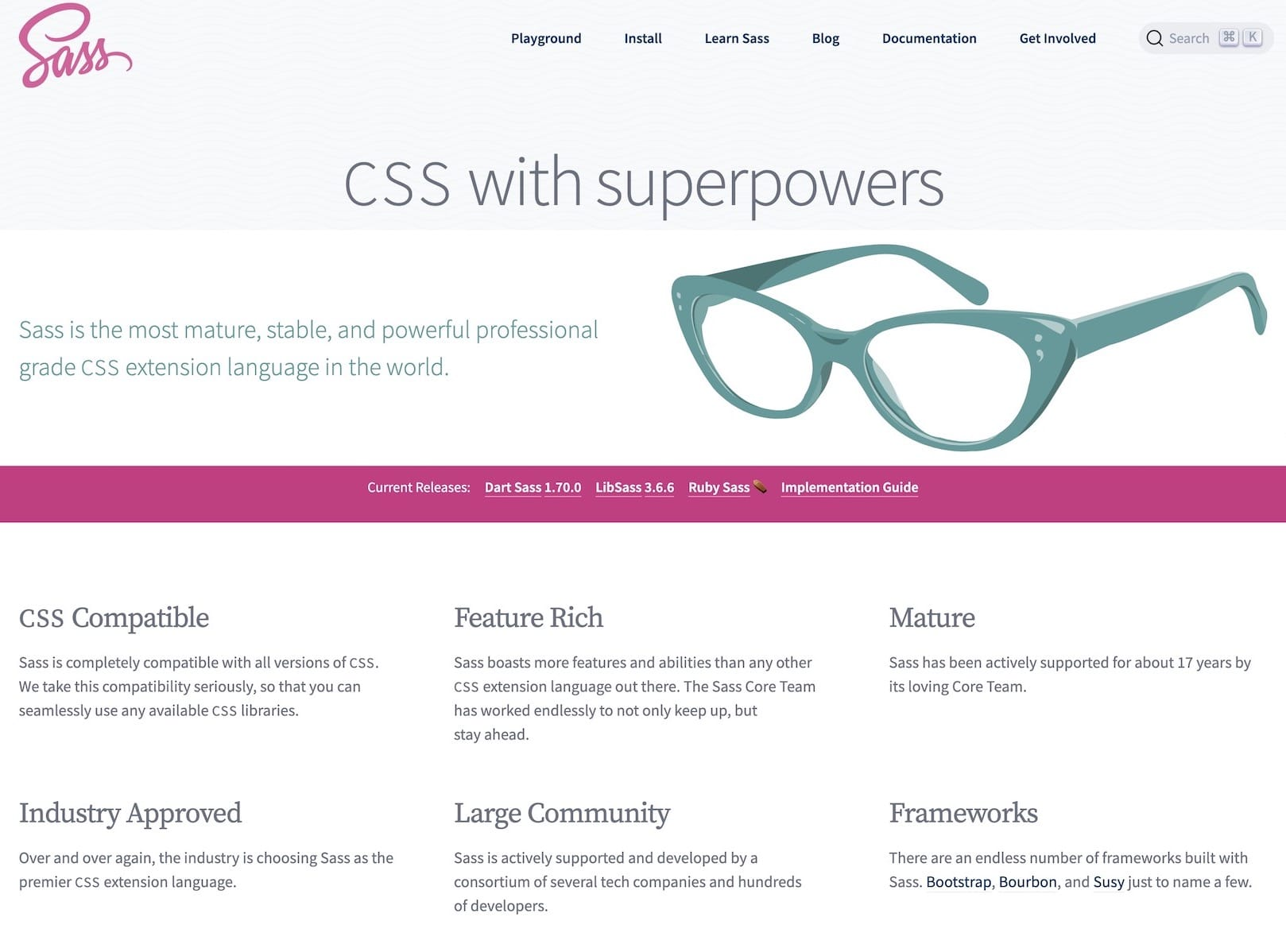 Screenshot of the Sass homepage that includes the heading "CSS with superpowers".