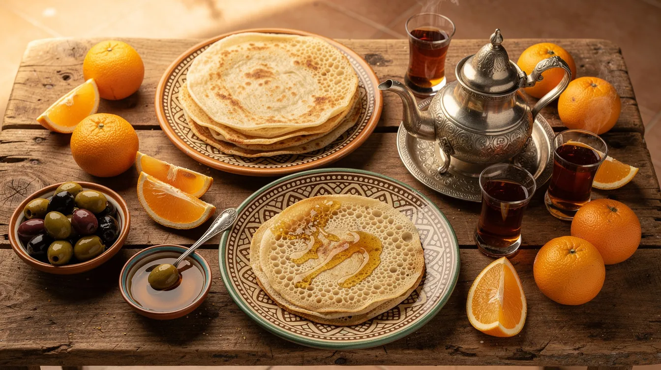 The image features a traditional Moroccan breakfast spread, showcasing delicious vegetarian dishes such as msemmen and baghrir pancakes, accompanied by honey, olives, fresh oranges, and a pot of mint tea. This vibrant display highlights the diverse and flavorful options found in Moroccan cuisine, perfect for vegetarians and those exploring the rich food culture of Morocco.