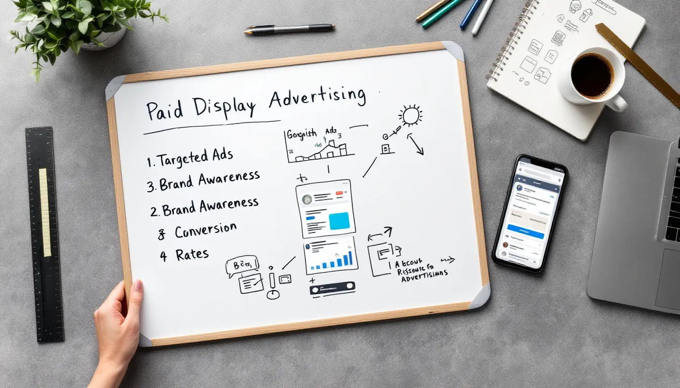 The image illustrates the key advantages of paid display advertising, showcasing various ad types such as banner ads and video ads, while emphasizing the importance of targeting specific audiences through platforms like the Google Display Network. It highlights how these display advertising campaigns can capture attention, create awareness, and drive campaign performance to meet business goals.
