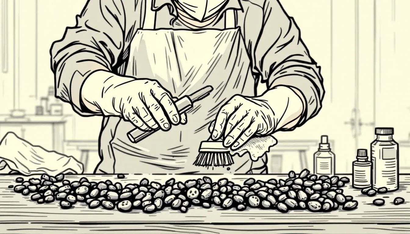 An illustration of safe cleanup techniques for rodent droppings, including the use of gloves and masks.