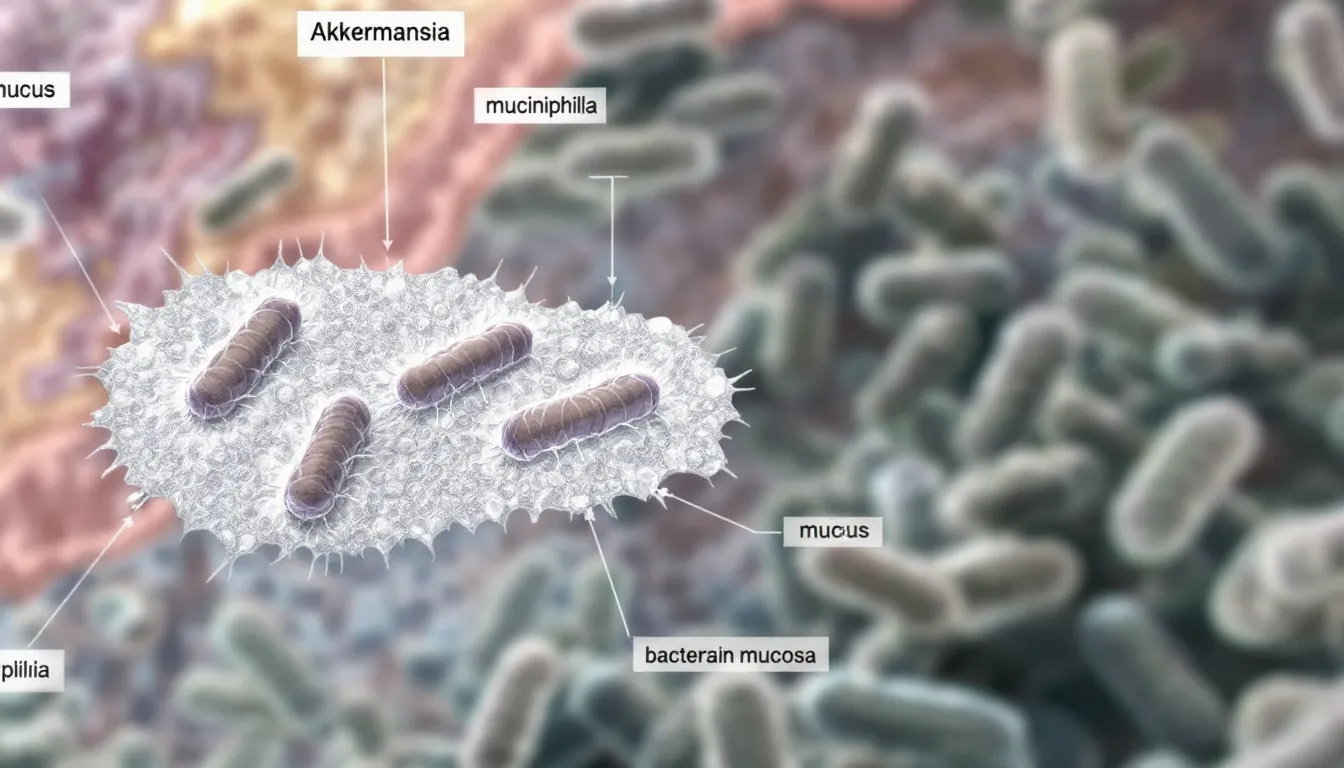 A close-up illustration of Akkermansia muciniphila, a beneficial bacterium found in the human gut, highlights its crucial role in maintaining gut health and integrity of the intestinal mucosal barrier. This image emphasizes the importance of gut microbiota in preventing metabolic disorders and inflammatory bowel diseases.