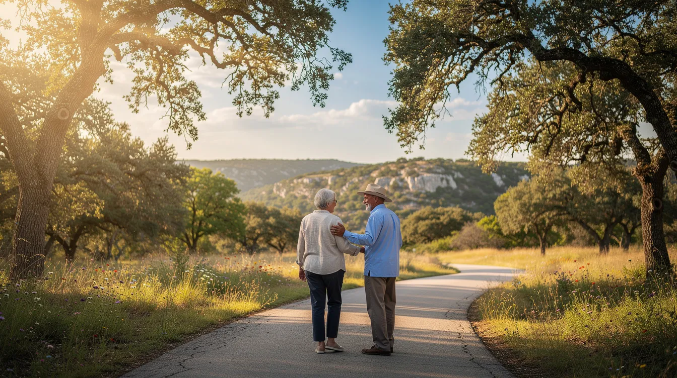 The image depicts a caregiver walking alongside an elderly person on a serene, tree-lined path in the Texas hill country, emphasizing the importance of physical activity for both their well-being. This scene reflects the supportive bond between family caregivers and their loved ones, highlighting the emotional and physical demands of caregiving responsibilities.