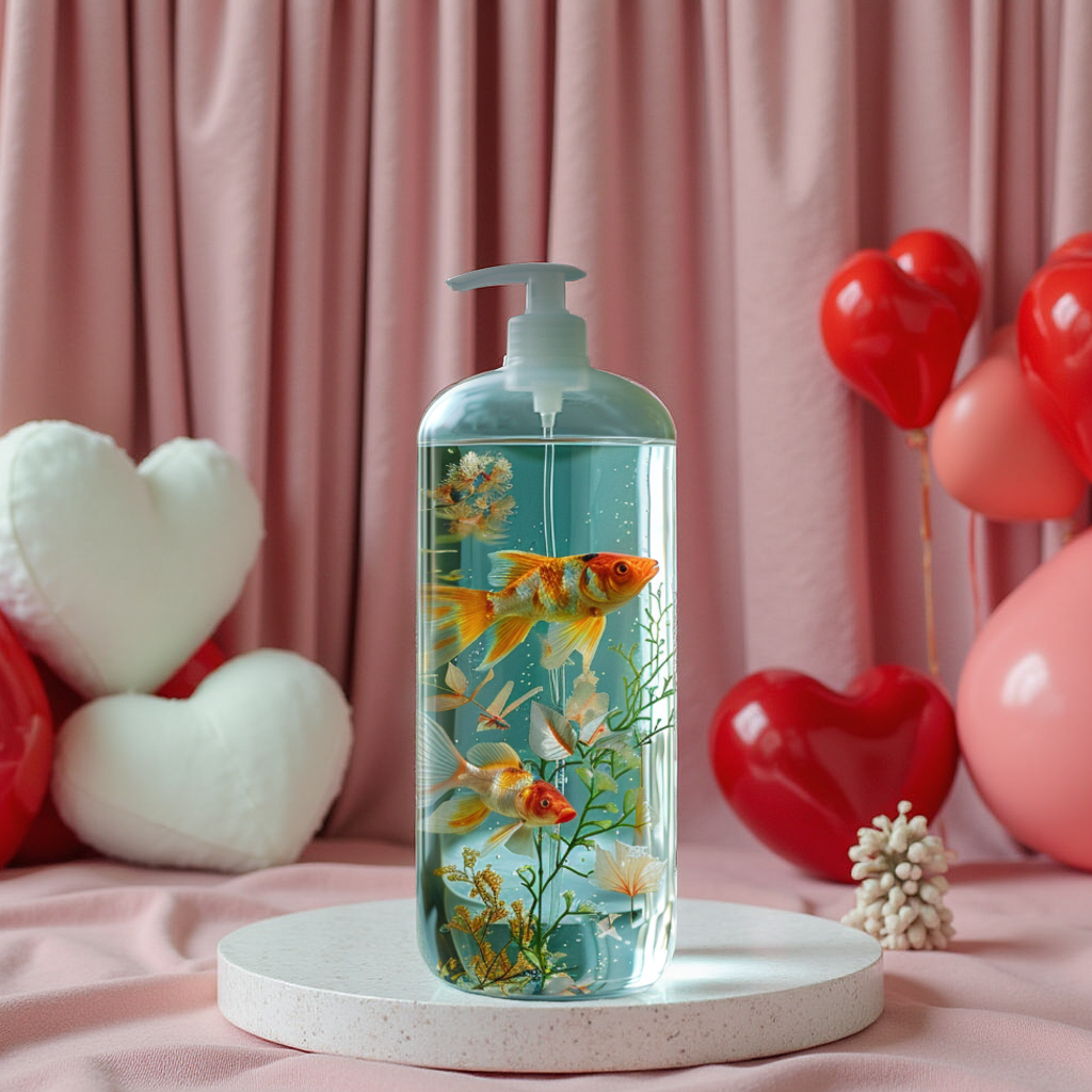 Soap dispenser mockup with goldfish inside, set on a pink circular platform surrounded by heart-shaped balloons and Valentine’s decor.