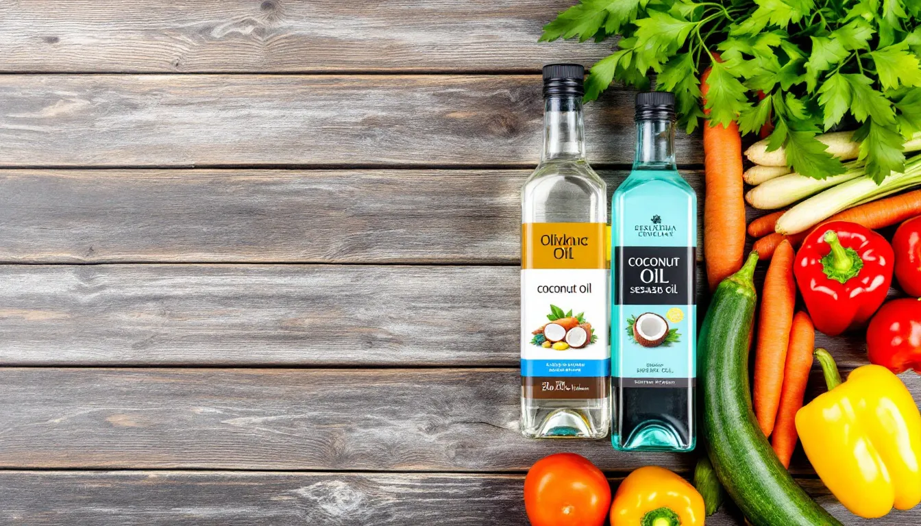 The image features an assortment of cooking oils, including olive oil, canola oil, and grapeseed oil, arranged alongside vibrant fresh vegetables. This display highlights the variety of oils available for everyday cooking, showcasing options with healthy fats and neutral flavors suitable for various cooking methods like roasting and stir frying.