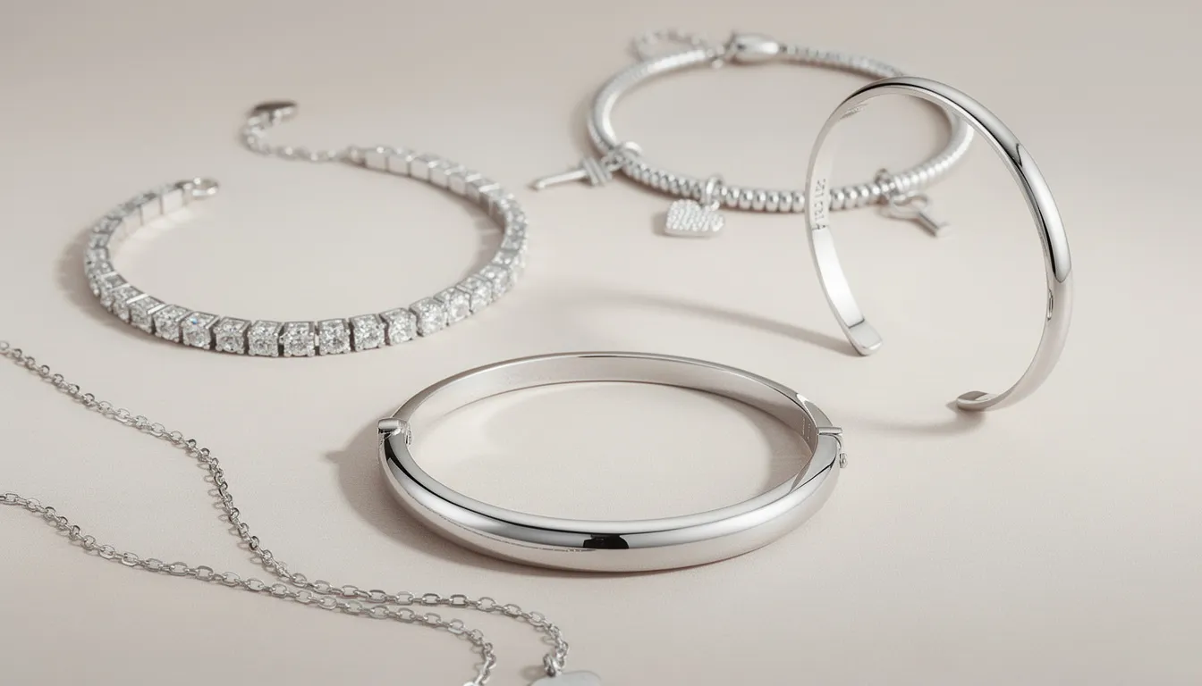 The image features a collection of elegant sterling silver bracelets, showcasing various styles such as bangles, cuffs, and tennis bracelets. Each piece reflects a shiny silver tone, highlighting the versatility and glamour of these quality pieces suitable for any occasion.
