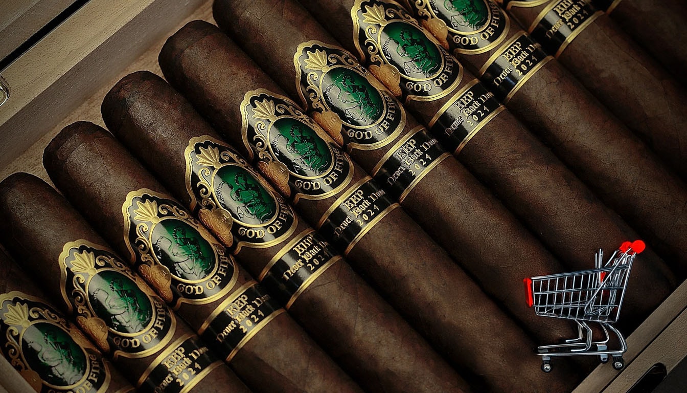 An online shopping cart filled with various God of Fire cigars.