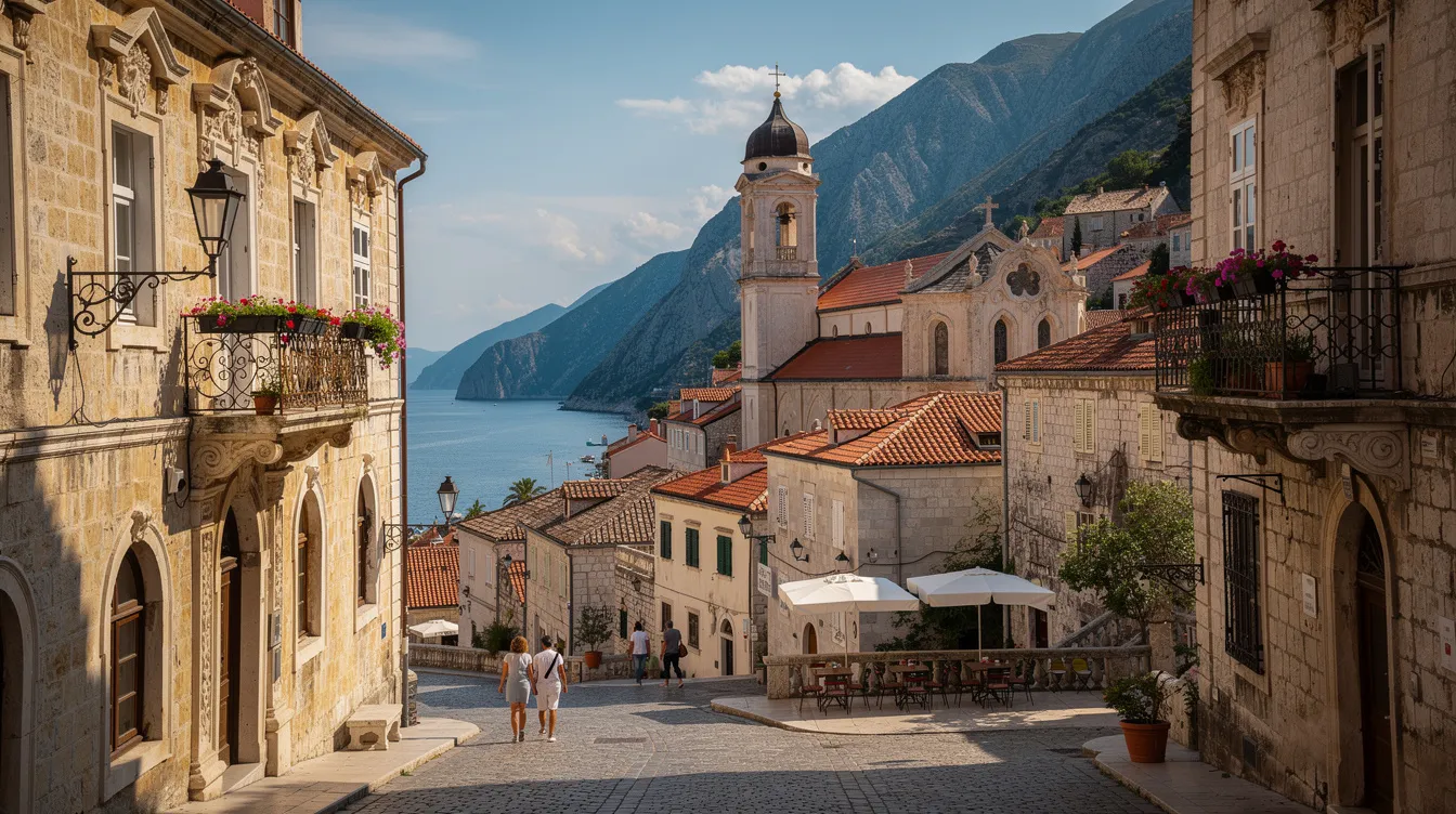 A imagem retrata uma encantadora cidade barroca em Montenegro, com suas ruas de paralelepípedos e edifícios históricos, como a Igreja de São Nicolau. Ao fundo, pode-se ver a Baía de Kotor, cercada por montanhas majestosas, evocando a atmosfera de contos de fadas da região.