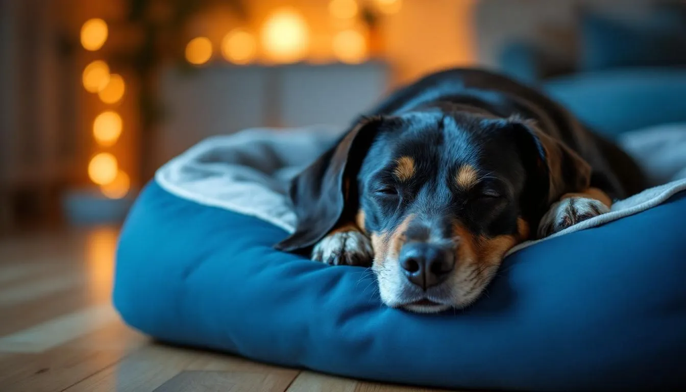 A lethargic dog is lying comfortably on a soft bed, displaying signs of acute nausea and possible motion sickness. Its body language suggests it may need veterinary attention to address potential underlying issues such as liver or kidney disease.