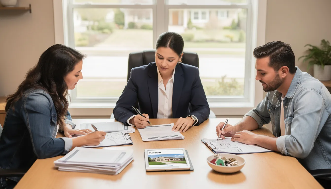A real estate professional sits at a table with home buyers, reviewing documents related to their home purchase. The agent explains important details such as closing costs, purchase price, and the process of negotiating the best deal for their dream home in Connecticut.