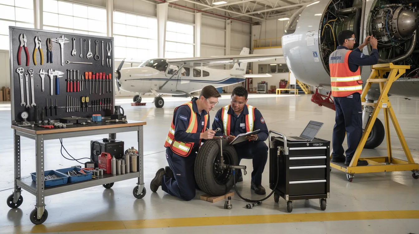 A group of aviation maintenance students is actively engaged in hands-on training near various aircraft tools, essential for their education in aviation maintenance technician programs. They are learning skills required for certification under the Federal Aviation Administration's Part 147 curriculum, which focuses on airframe and powerplant mechanics.