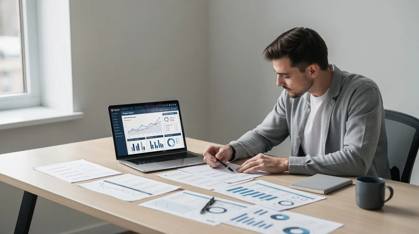 92589f47 8160 42db 9a65 692cdadd663f A young entrepreneur is seated at a desk, intently reviewing financial documents alongside a laptop displaying a project report. The scene captures the essence of small business planning, highlighting the importance of a clear business plan and the potential for mudra loan approval to support their venture.
