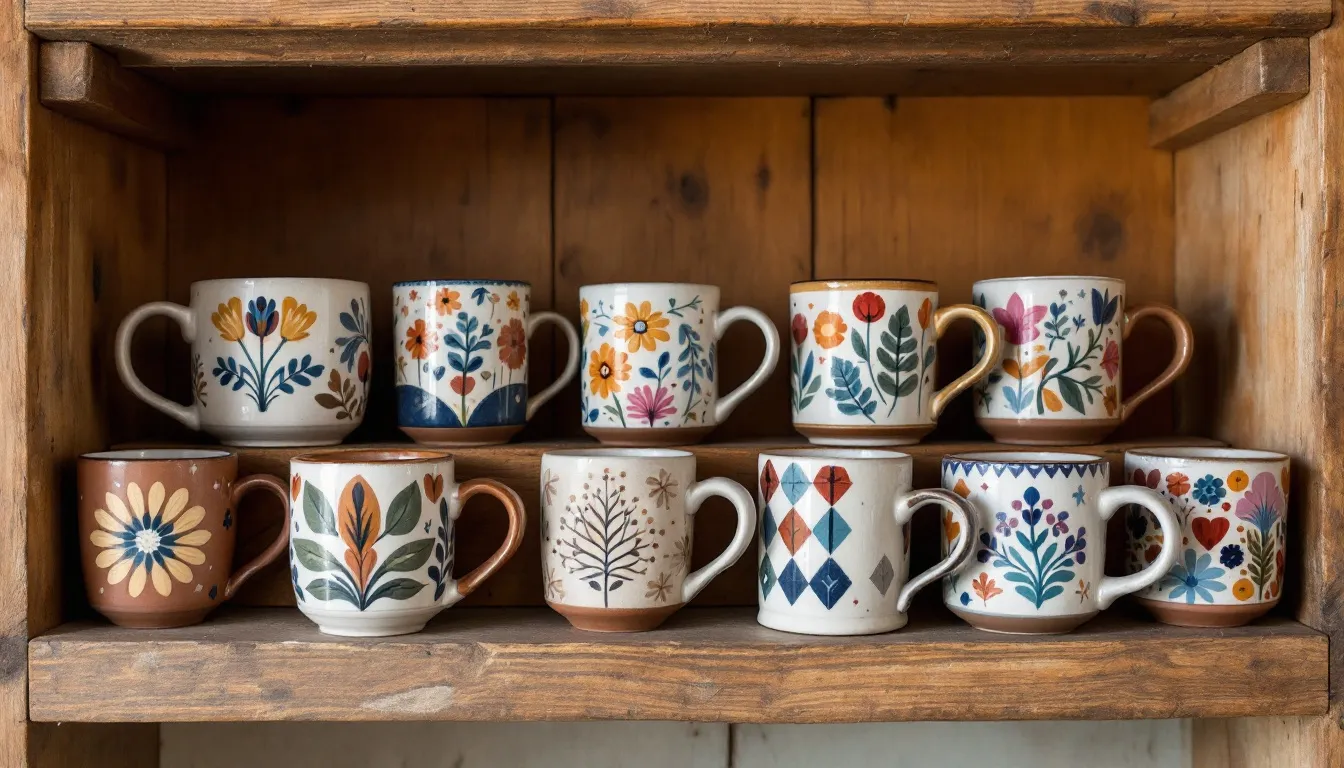 Na półce znajdują się ceramiczne kubki o różnych wzorach kwiatowych i geometrycznych, idealne do porannej kawy lub herbaty. Każdy z nich ma unikalny styl, co sprawia, że są doskonałym wyborem na prezent lub do dekoracji wnętrz.