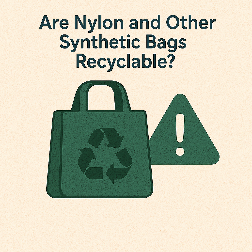 Reusable synthetic tote bag with a recycling symbol and a warning triangle. Text asks if nylon and polypropylene bags are recyclable.