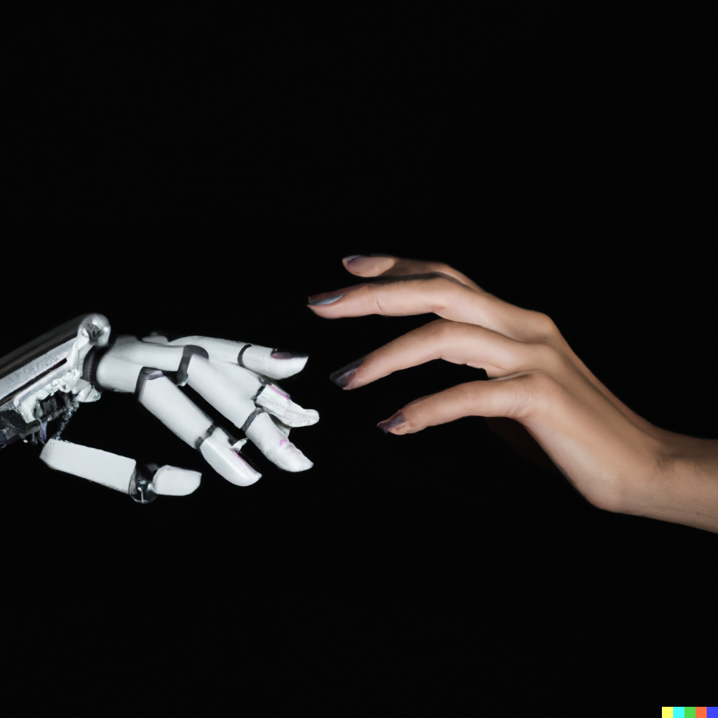  A striking image of a human hand and a robotic hand reaching towards each other, signifying the collaboration and shared evolution between humans and AI