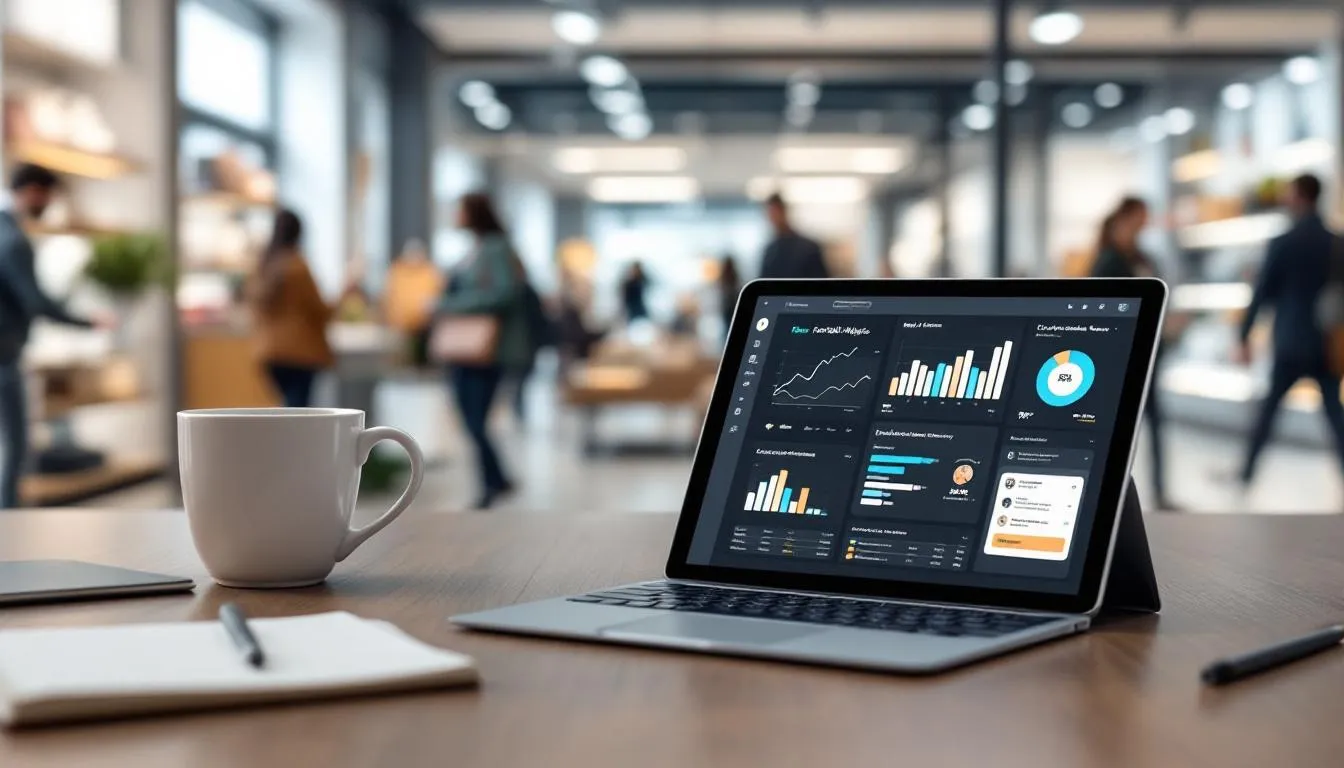 The image illustrates a retail environment where footfall analytics and Wi-Fi tracking are being utilized to enhance customer experience. It features various analytics tools displaying foot traffic patterns and visitor numbers, showcasing how businesses can use footfall data to make informed decisions and optimize store performance.