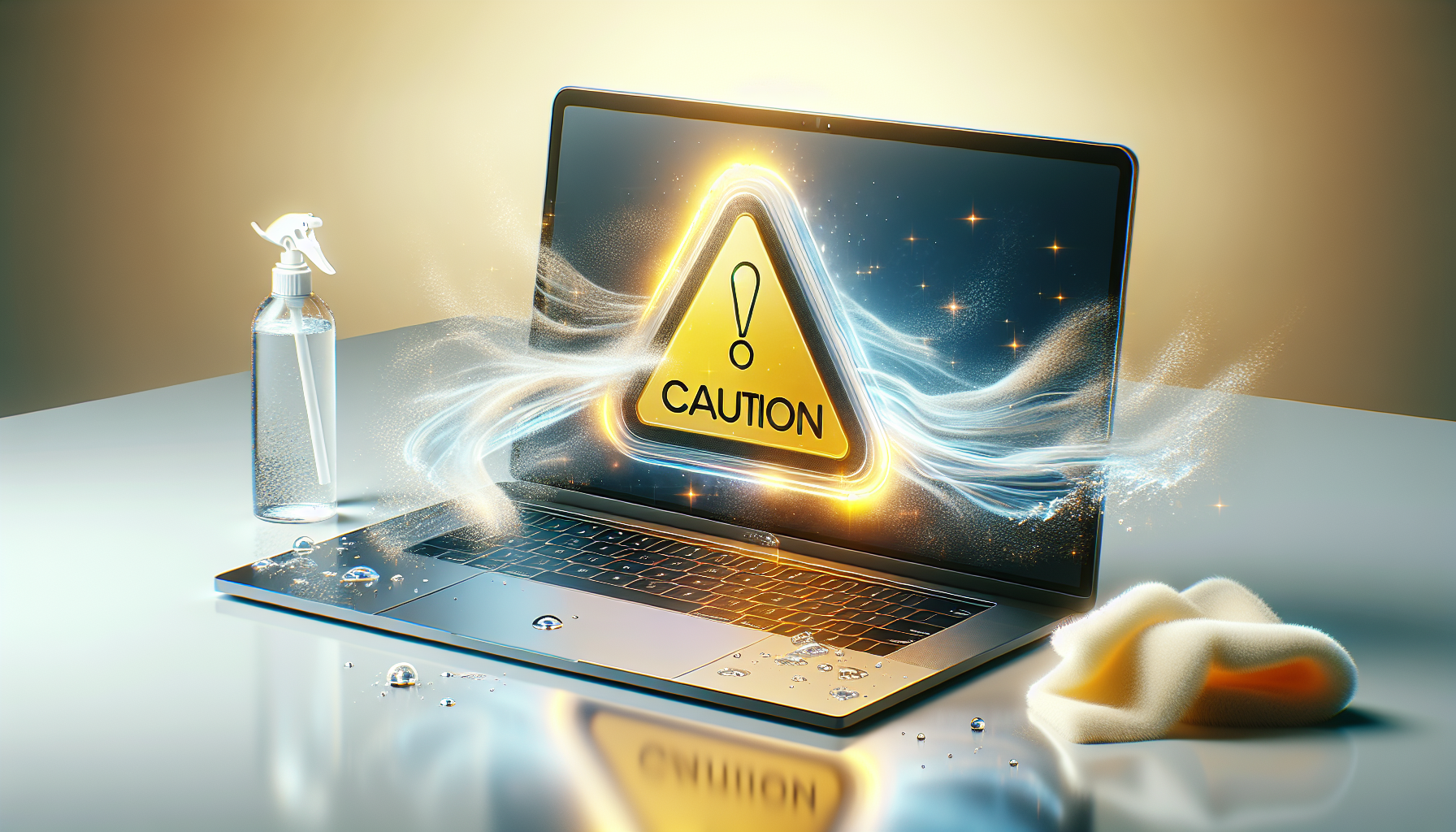 Touchscreen laptop with caution sign
