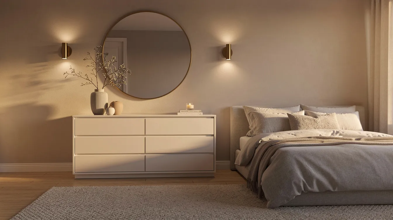 Ett elegant sovrum med en stilren byrå, en rund spegel som reflekterar det mjuka kvällsljuset och sidolampor som ger en varm atmosfär. Rummet är inrett med en känsla för design och funktion, vilket skapar en harmonisk och inbjudande miljö.