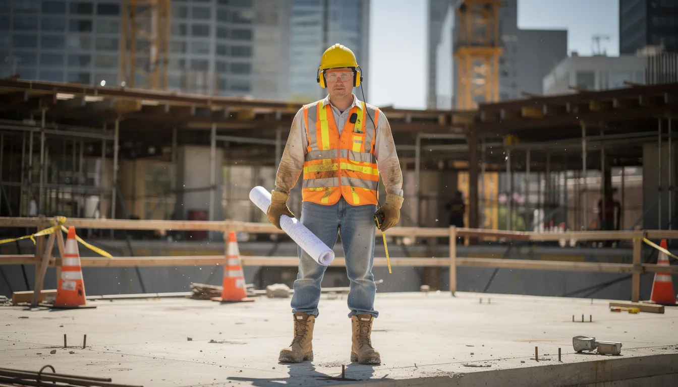 A construction worker is seen on a job site, wearing a hard hat, safety goggles, and a reflective vest, emphasizing the importance of safety in the workplace. This image highlights the need for legal support in personal injury cases related to workplace accidents, where injured workers may seek fair compensation for lost wages and medical expenses.