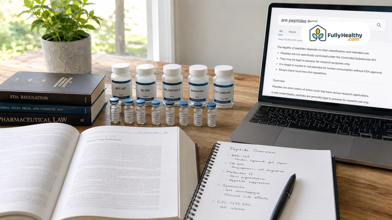 Peptide bottles arranged beside pharmaceutical law books and online legality search