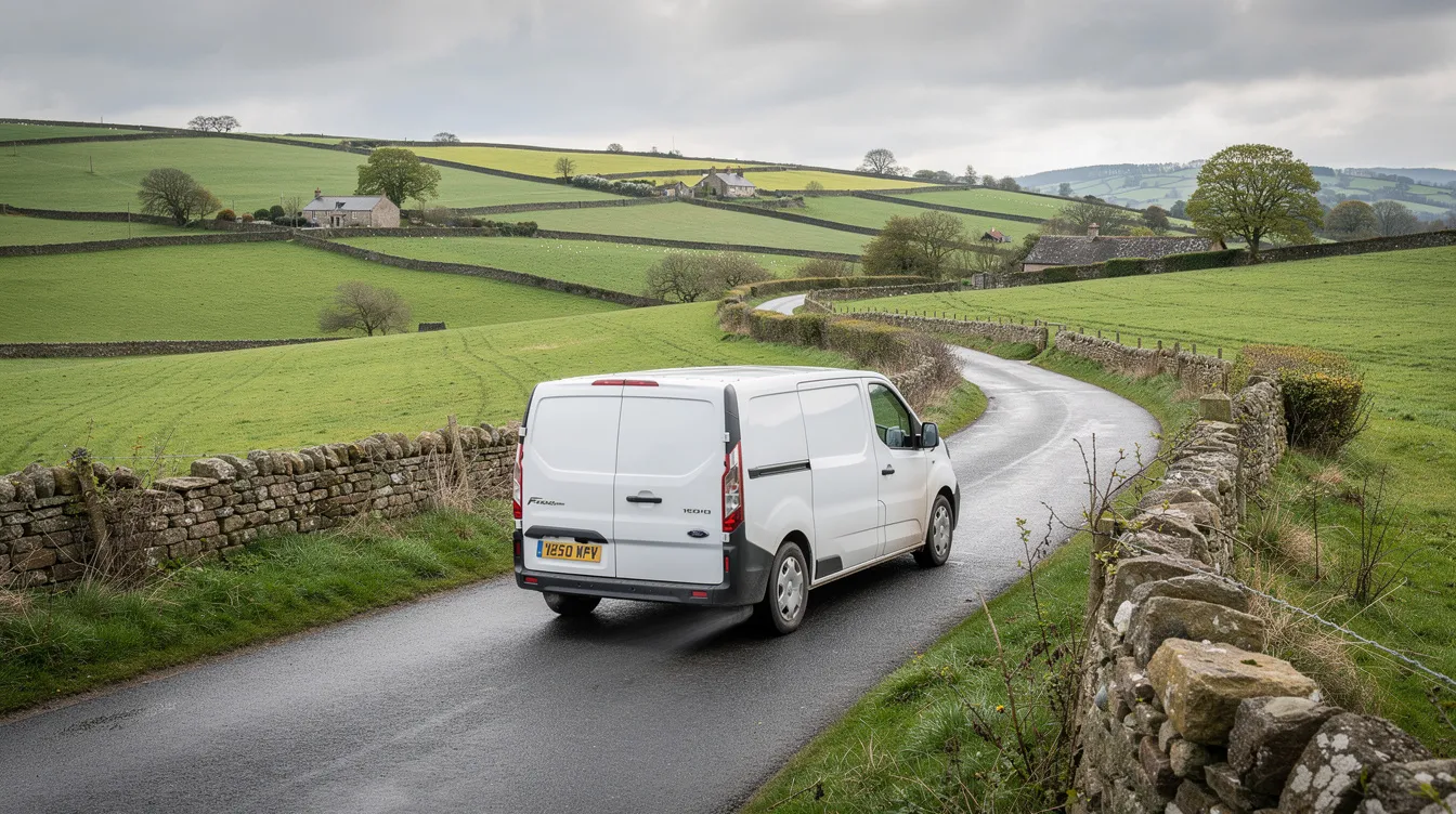 A delivery van is driving along a winding road in the British countryside, surrounded by lush green fields under a clear sky. This scene captures the essence of rural logistics, which is essential for dropshipping businesses that rely on reliable suppliers and efficient shipping to serve their online stores.
