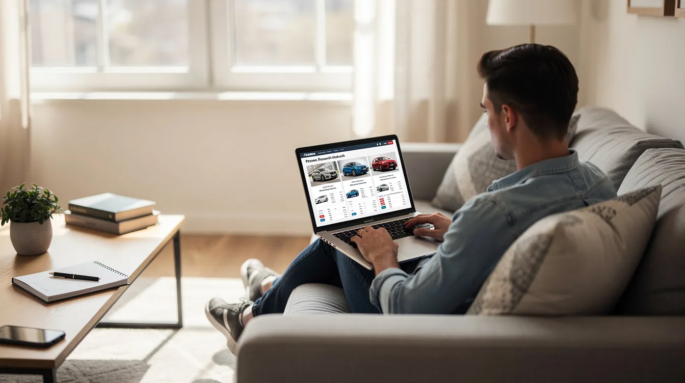 A person sits comfortably in a bright living room, focused on their laptop as they research the used car market, exploring options for their next car purchase. The scene conveys a sense of preparation for a stress-free car buying journey, with an emphasis on finding a fair price and the best deals available.
