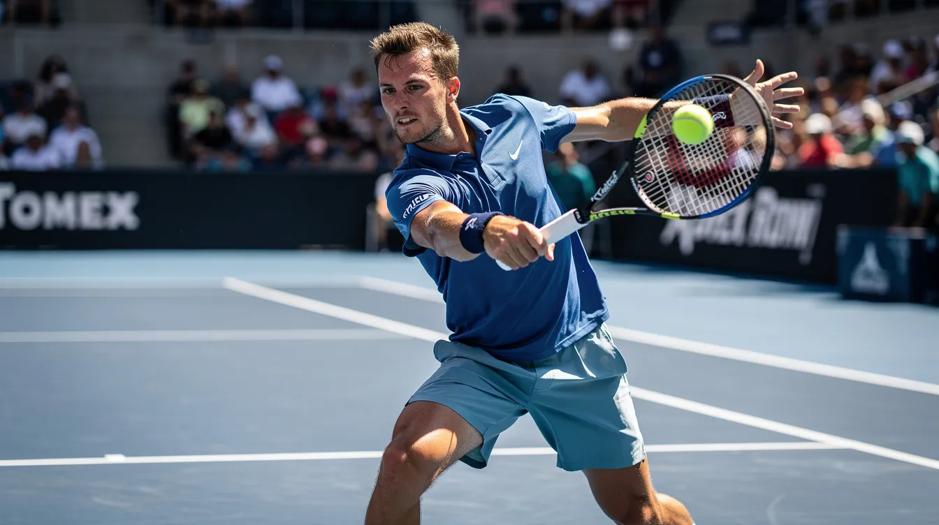 A professional tennis player is captured mid-action, executing an aggressive topspin forehand on a hard court. The image showcases the player's forward swing, emphasizing their body weight and racket speed as they aim for a clean contact point to hit the ball with more power and spin.