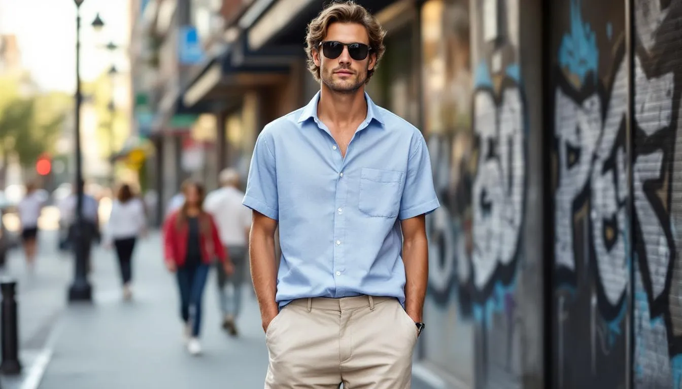 A model wearing a short-sleeve summer outfit, ideal for warm weather.
