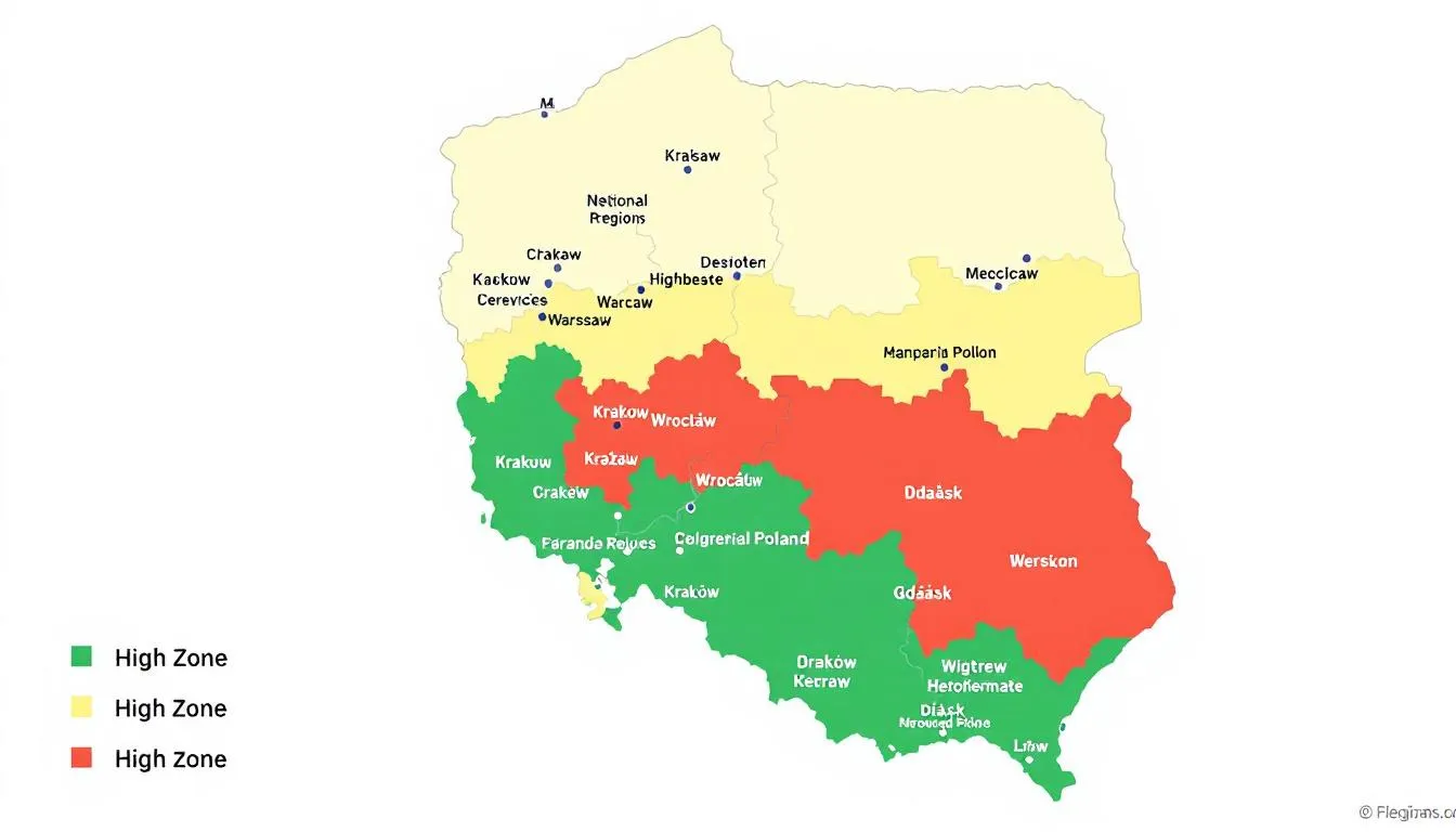 A map of Poland showing different regions with price indicators for catering services, including Warsaw offers for birthdays, business meetings, and house parties. Icons of dishes like salads, snacks, and finger food show what you can order.