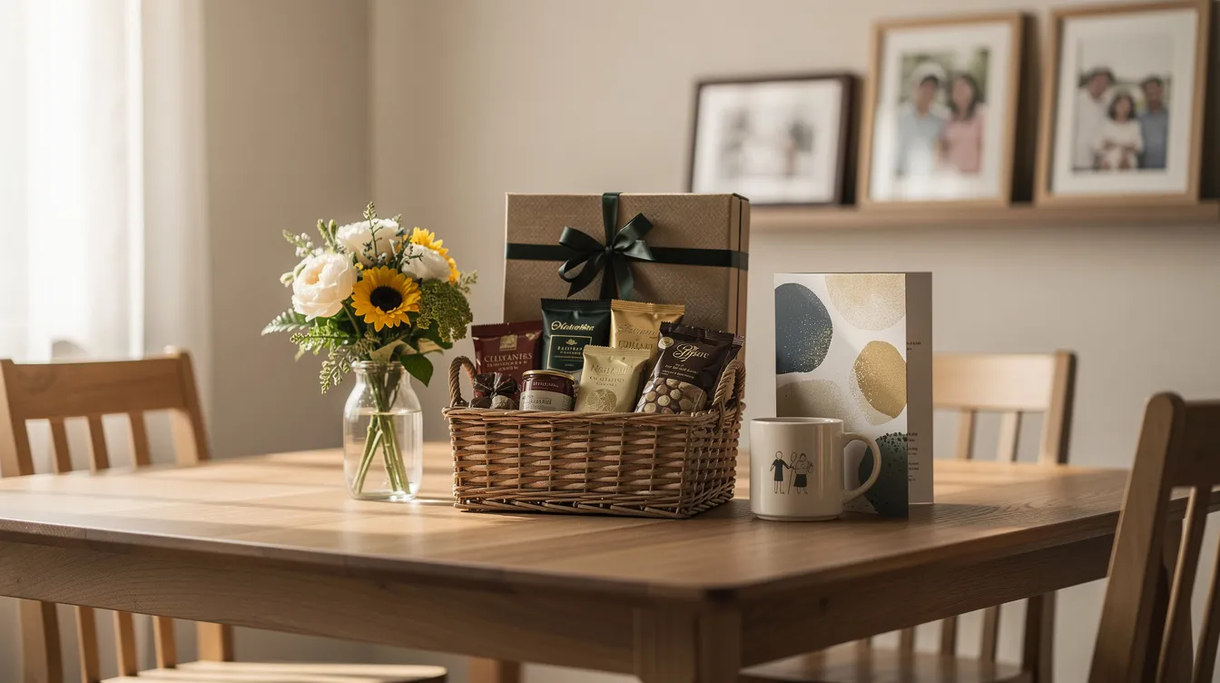 The image depicts a thoughtfully arranged Father's Day gift setup on a clean wooden table in a modern Filipino home, featuring a premium gift basket filled with chocolates and gourmet snacks, a small flower arrangement, a wrapped gift box, a personalized mug, and a greeting card, all bathed in soft natural morning light. This cozy scene captures the essence of heartfelt surprises and practical gifts for Dad, perfect for celebrating special occasions like Father's Day in the Philippines.