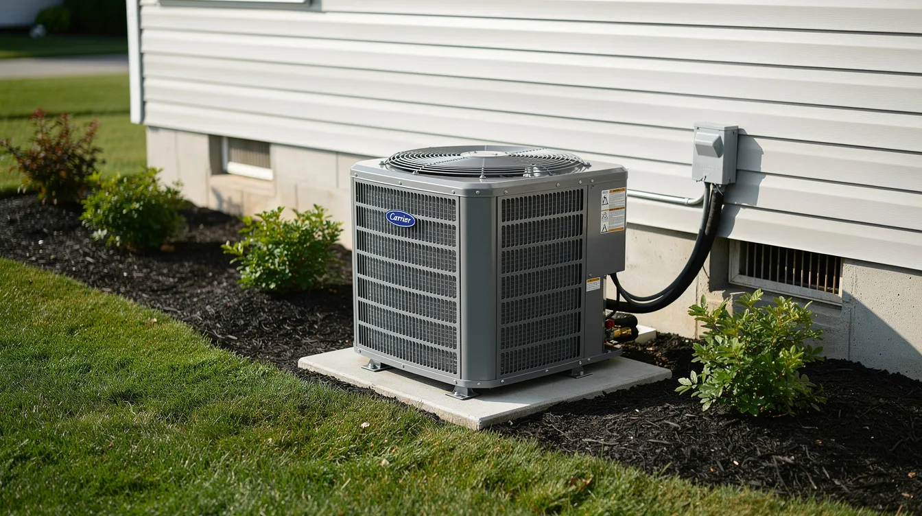 The image shows a modern Carrier outdoor air conditioning unit installed next to a residential home, surrounded by well-maintained landscaping. This efficient AC unit is part of a central air conditioning system designed to effectively cool the home while potentially saving money on utility bills.