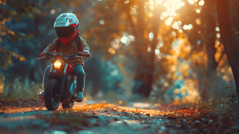 Un enfant de 10 ans portant un casque de moto coloré, pilotant une petite moto électrique sur un chemin de terre, moto moderne et compacte, environnement naturel avec arbres et lumière douce, ambiance joyeuse et dynamique