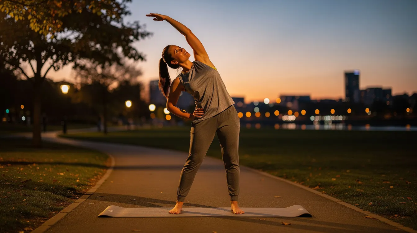 The image depicts a person engaging in light stretching exercises during the evening, promoting relaxation and potentially improving sleep quality. This calming activity may help reduce stress levels and support better blood sugar management before bedtime.