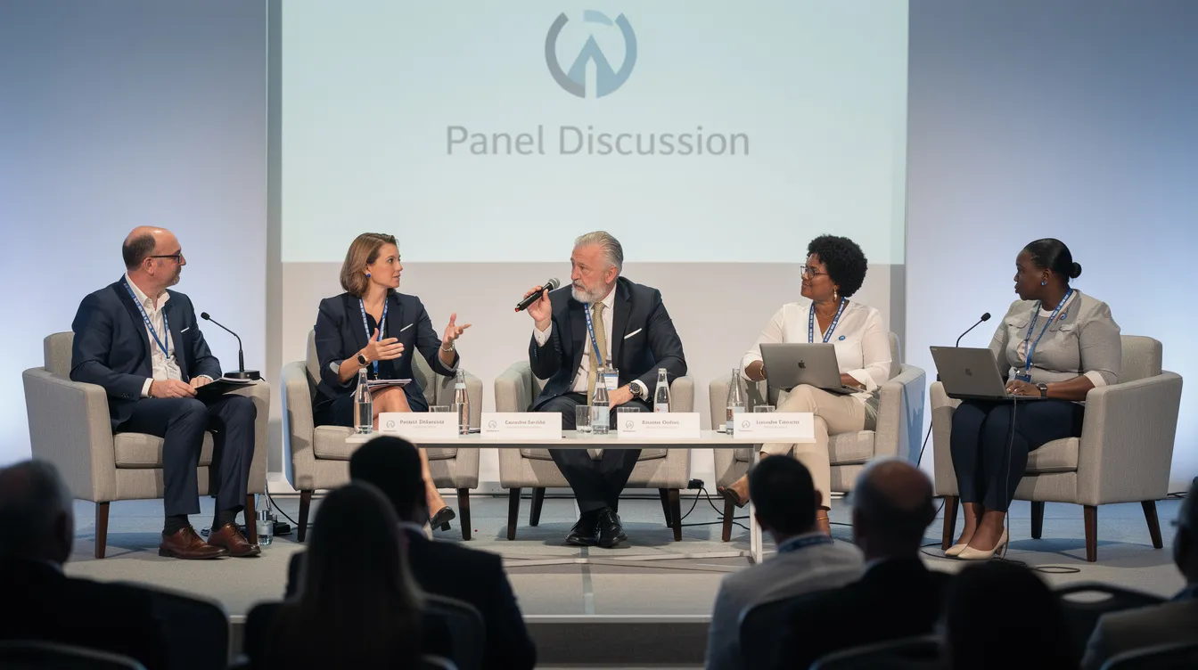A diverse panel of speakers is seated on stage at a professional conference event, engaging with the audience as they prepare to share their insights. The setup includes a confidence monitor and technical requirements to ensure a smooth presentation, highlighting the importance of inclusion and representation at corporate and community events.