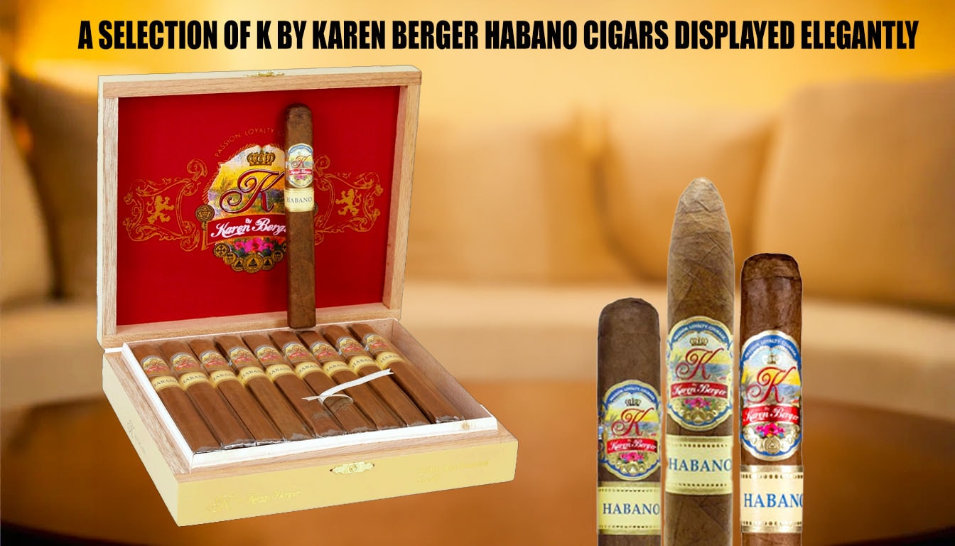 A selection of K by Karen Berger Habano cigars displayed elegantly.