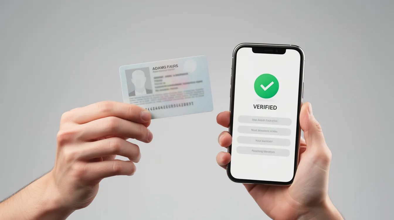An individual is holding an identification card while standing next to a mobile phone that displays a verification screen for a money transfer service. This scene emphasizes the importance of secure transactions, such as sending and receiving money through a Skrill account or other payment methods.