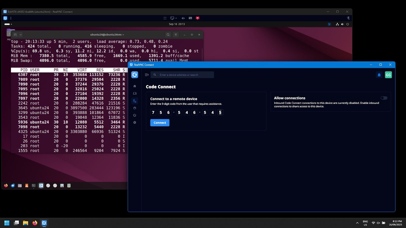RealVNC Connect Code Connect code entered with an Ubuntu remote session