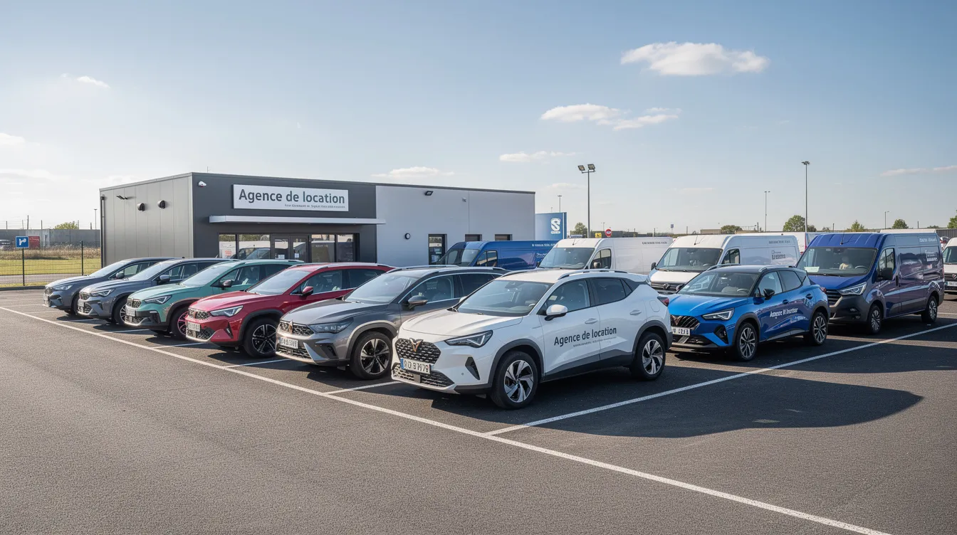 Une vue d'un parking d'agence de location, où divers véhicules tels que des SUV, des citadines et des utilitaires sont soigneusement alignés. Cette flotte de voitures témoigne de l'offre variée pour les clients cherchant à réserver un véhicule via une plateforme de gestion de location.