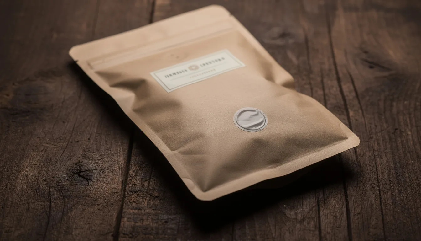 A specialty coffee bag featuring a one-way degassing valve is placed on a dark wooden surface, emphasizing its quality and freshness. This flexible packaging allows carbon dioxide to escape while preventing oxidation, ensuring the coffee retains its rich flavor and antioxidant content.