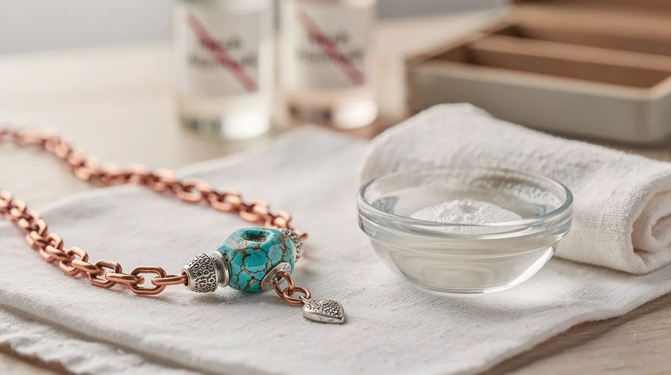 A beautifully crafted copper turquoise necklace featuring vibrant turquoise stones set in sterling silver, accompanied by matching stud earrings. The jewellery is designed to be unique and eye-catching, showcasing the natural beauty of the gemstones while ensuring gentle care is taken to maintain its luster and integrity.