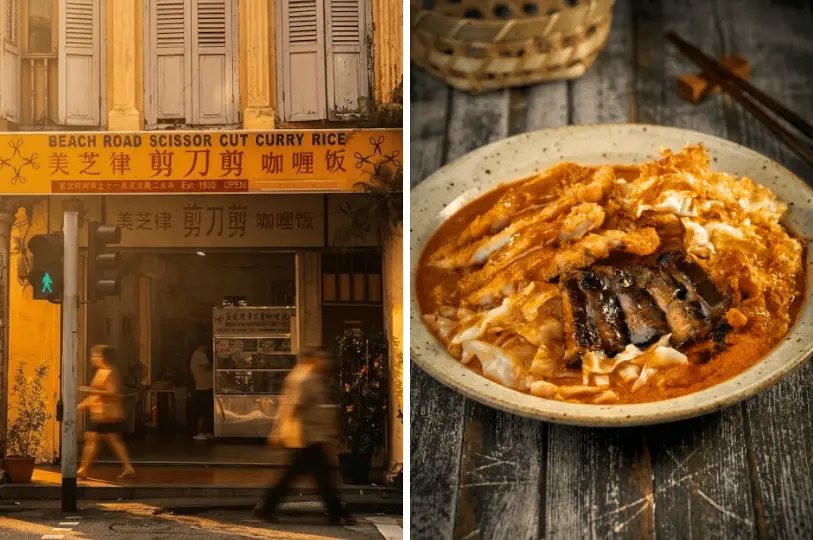 A split street-style image showing the nostalgic, yellow-signed storefront of Beach Road Scissor Cut Curry Rice on the left, alongside a close-up of a comforting, messy plate of local curry rice topped with sliced pork chop, braised pork, and cabbage on the right.