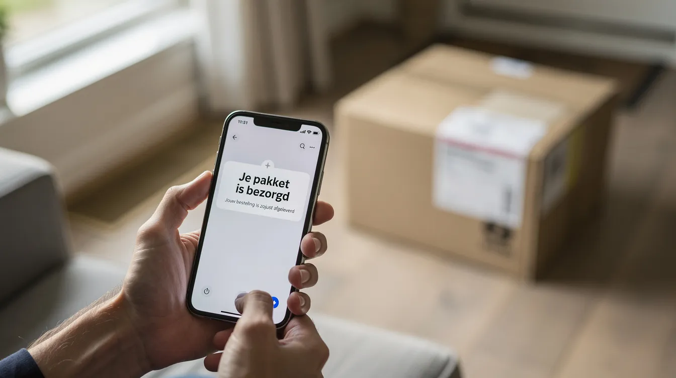 Een persoon kijkt op zijn smartphone naar een bezorgnotificatie, terwijl op de achtergrond een pakketdoos zichtbaar is. De afbeelding illustreert het moment waarop iemand de status van zijn pakket controleert, mogelijk via de klantenservice van PostNL of de slimme chatbot Daan.