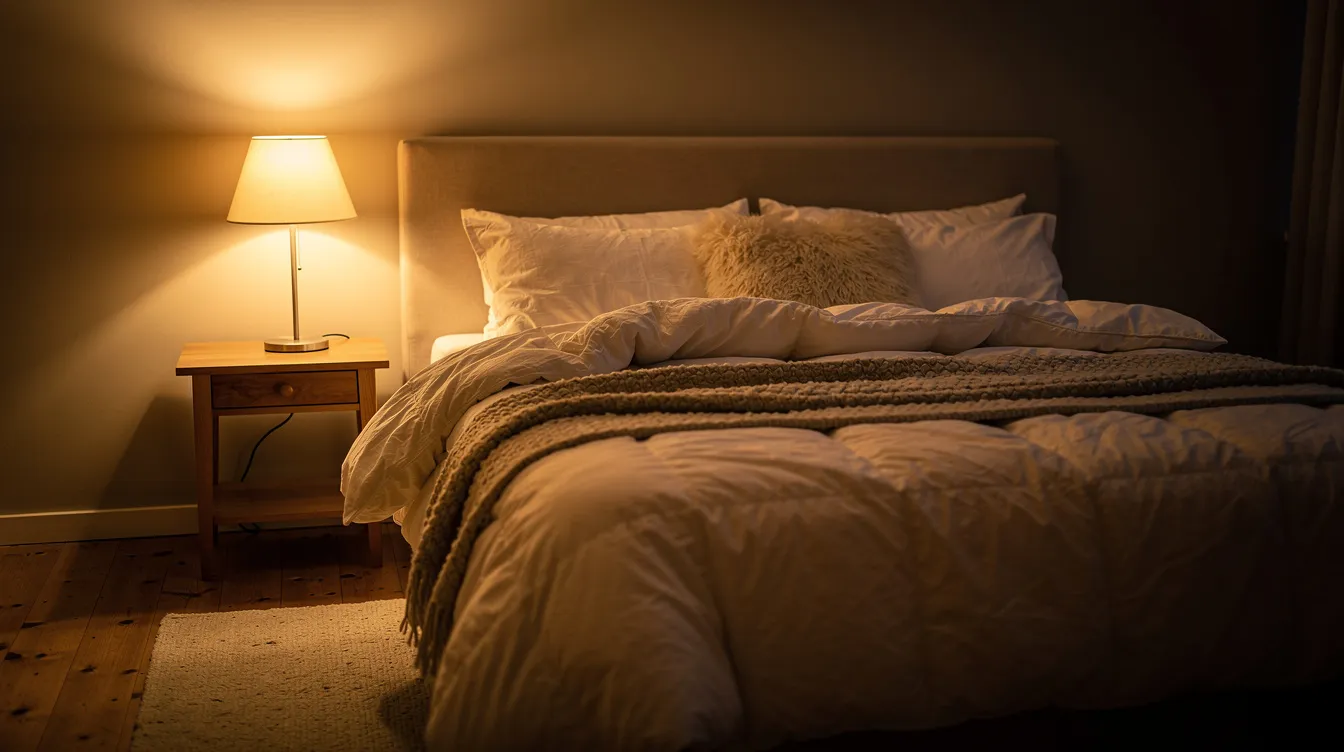 A peaceful bedroom is illuminated by the soft, warm light of a bedside lamp, creating a cozy atmosphere with inviting bedding that encourages relaxation and a better night&rsquo;s sleep. This serene space is ideal for winding down, promoting sleep hygiene and helping to alleviate stress and anxiety before bedtime.