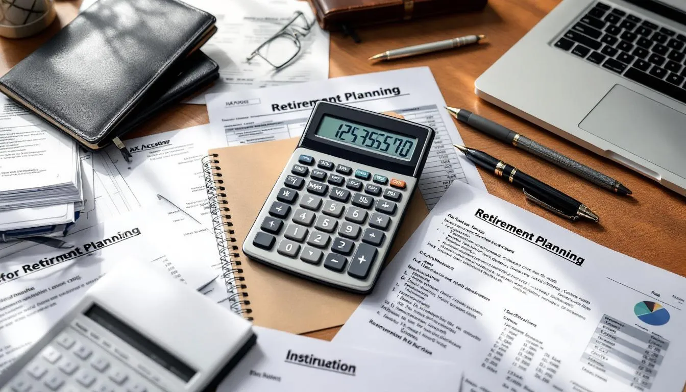 The image features a financial calculator surrounded by various retirement planning documents and tax forms, illustrating essential components of defined benefit plans and defined contribution plans for small business owners. This setup emphasizes the importance of financial planning for retirement income and the various retirement plans available to eligible employees.