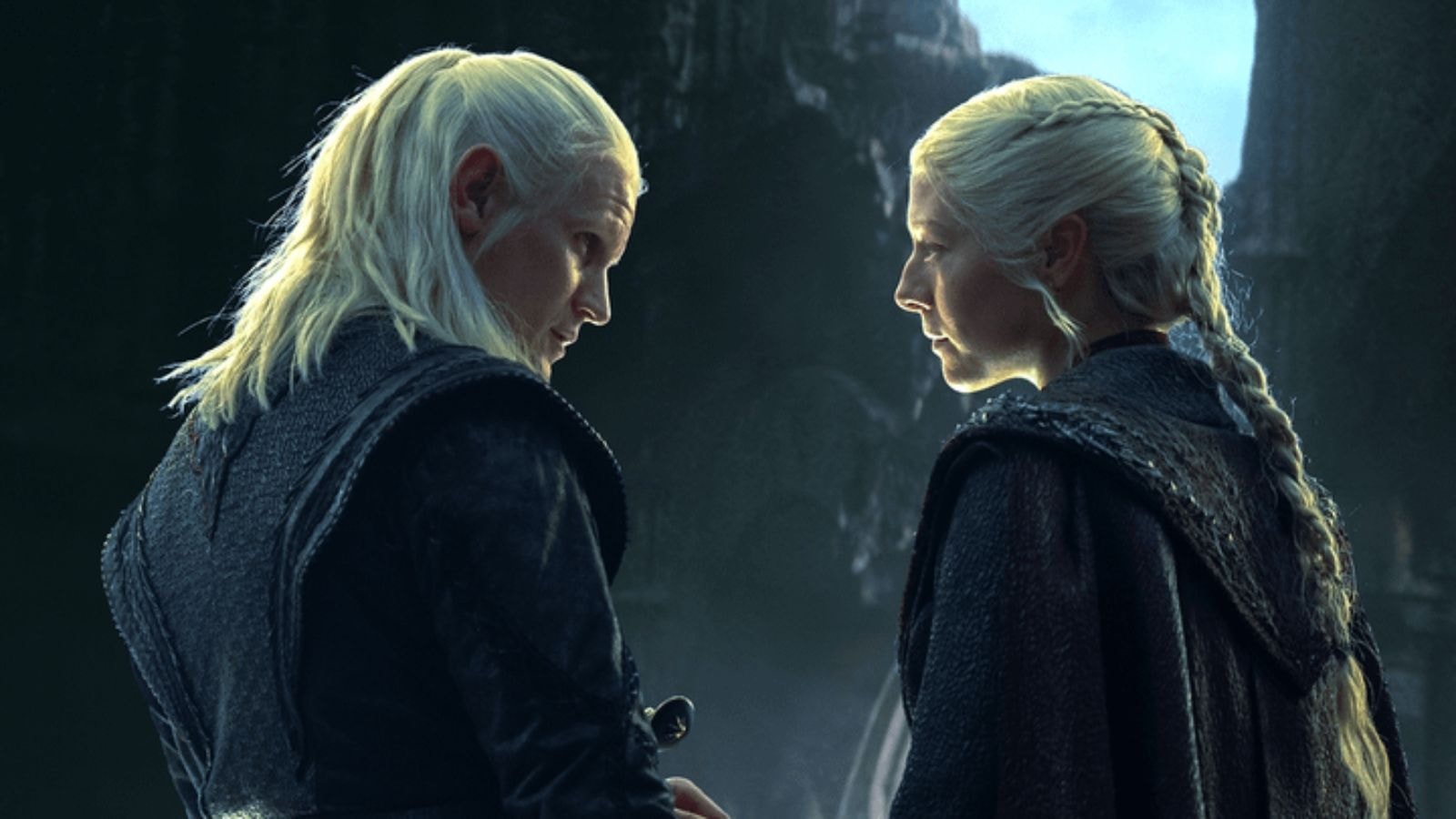 Matt Smith confronts Emma D'Arcy on dark stormy Targaryen cliffs