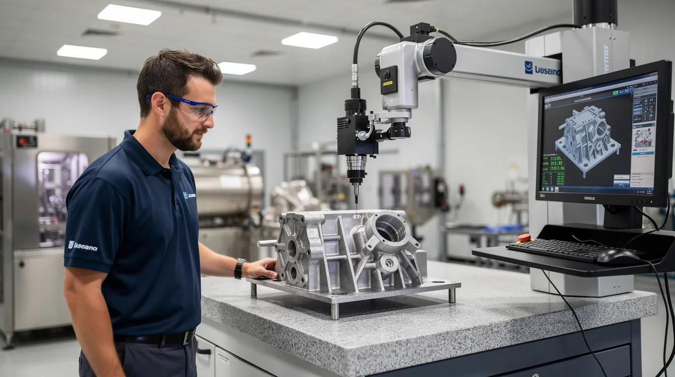 A quality inspector is operating a coordinate measuring machine to ensure the dimensions of a CNC machined aerospace part meet strict quality control standards. This process highlights the importance of precision machining in the aerospace industry, where high precision and complex geometries are crucial.