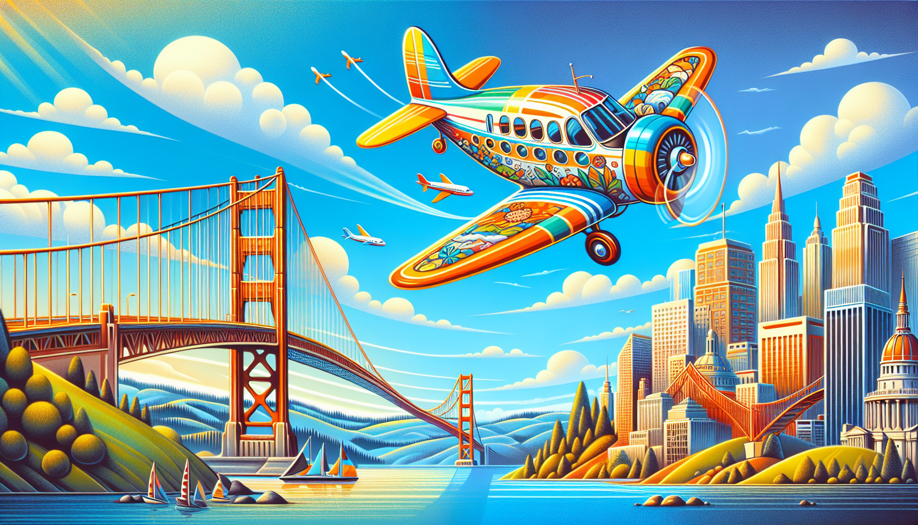 A cartoon representation of direct flights from Houston to San Francisco.