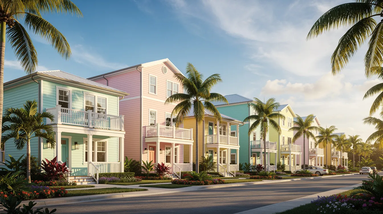 The image depicts a row of charming pastel-coloured townhomes basking in the bright Florida sun, set in a picturesque neighborhood. This vibrant scene reflects the appealing real estate market in Florida, where investors can explore various financing options, including hard money loans and private loans, to acquire investment properties.